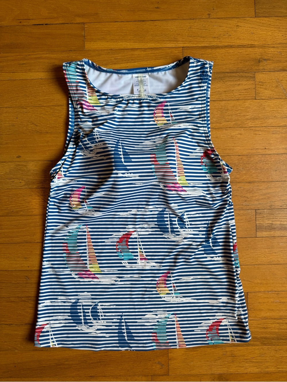 Lands' End Women’s Blue and White Striped Swim Tank Top with Colorful Sailboat